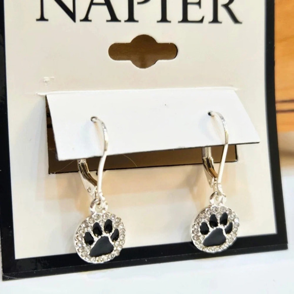 NAPIER Silver-Tone Black Cat Dog Kitten Puppy Paw Print Crystal Earrings NEW NWT - Picture 3 of 4
